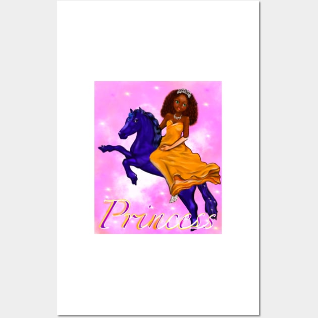 Black anime princess on horse Pink background ! beautiful  black girl with Afro hair, green eyes, Cherry pink lips and dark brown skin. Hair love ! Wall Art by Artonmytee